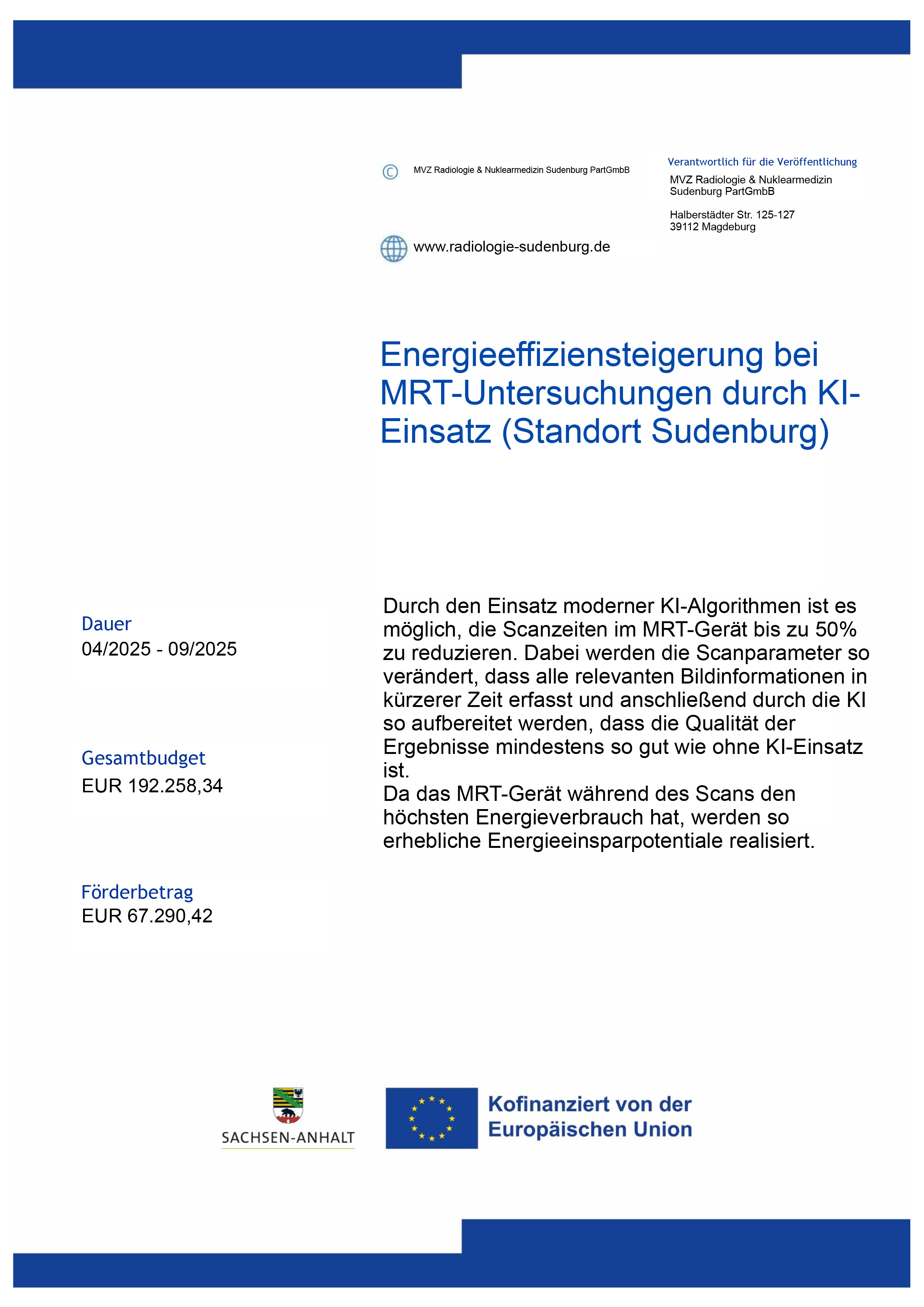 Plakat: Energieeffizienzsteigerung bei MRT-Untersuchungen – Standort Sudenburg